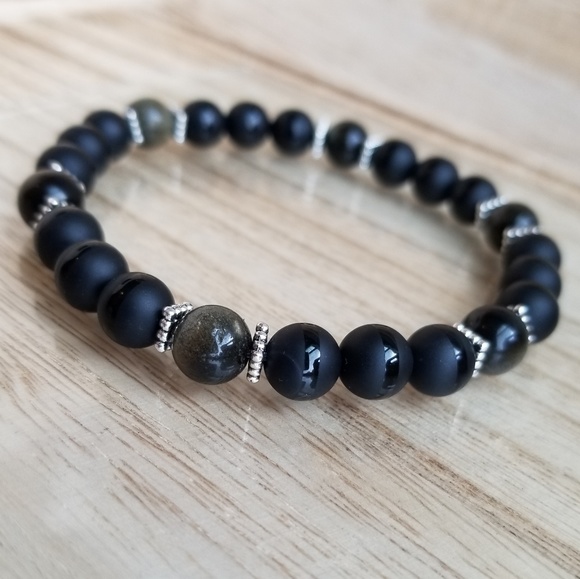 Gold Obsidian & Onyx Beaded Stretch Bracelet - Picture 3 of 6